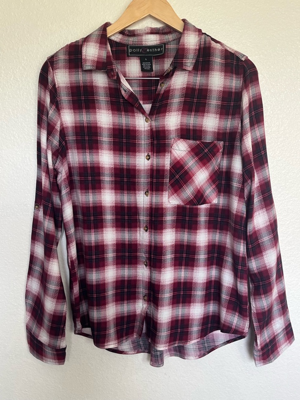 Polly & Esther Burgundy, Black, White & Pink Plaid Button-Up Shirt L